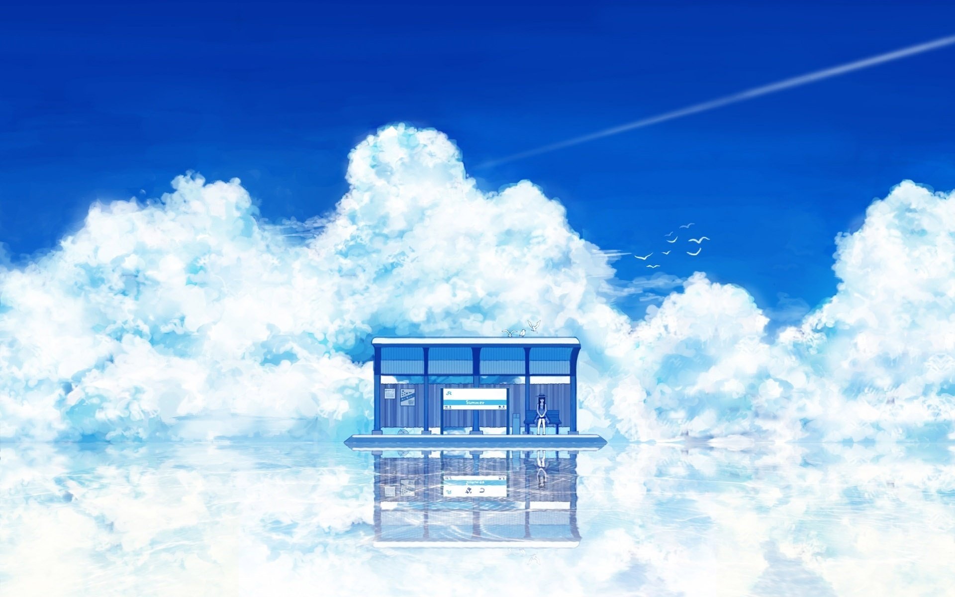 spiegelfläche blaues haus klarer himmel wolken höhe fantasie flugzeuge reflexion mädchen traurigkeit zeichnungen anime