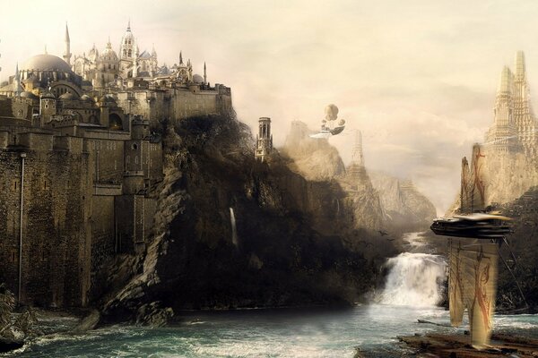 Die Bucht des Wasserfalls hinter den Mauern des Schlosses