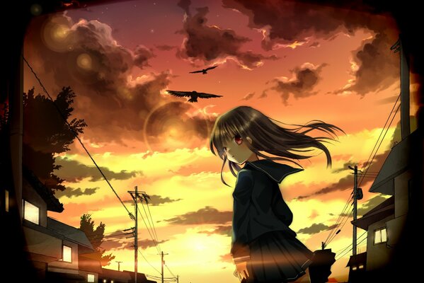 Anime Mädchen auf dem Hintergrund der Sonne und Vögel