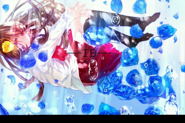 Anime. Mädchen mit roten Augen fliegt mit Rosen