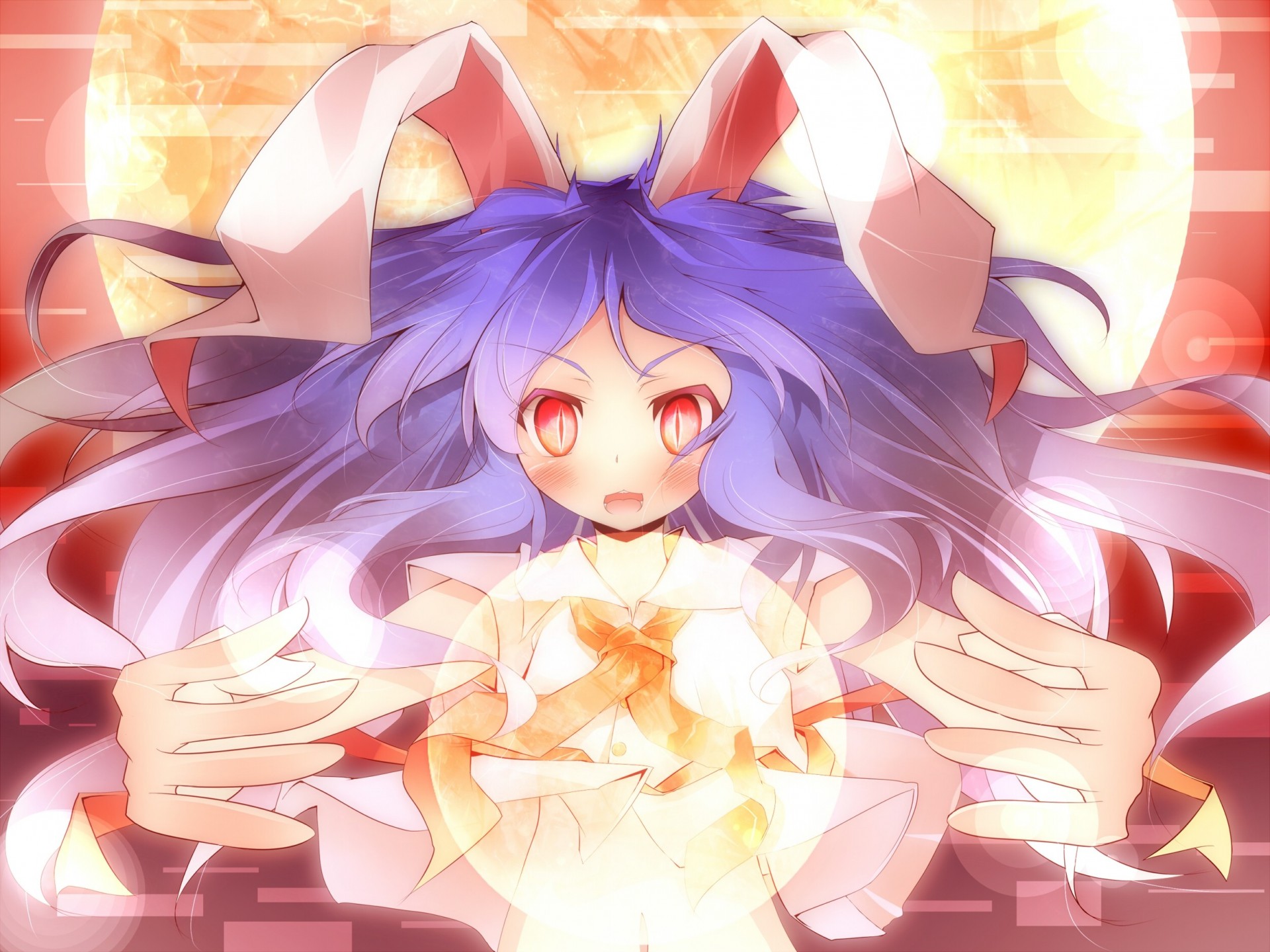 erröten rote augen lila haare lange haare eckzahn mond bunnygirl tierohren