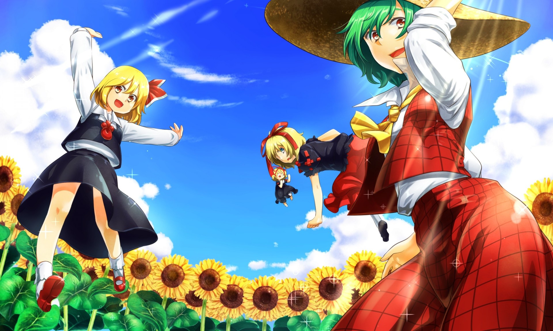 blaue augen kurze haare bänder blonde haare hut yuuka kasami wolken bogen grüne haare lange haare orangefarbene augen blumen sonnenblumen