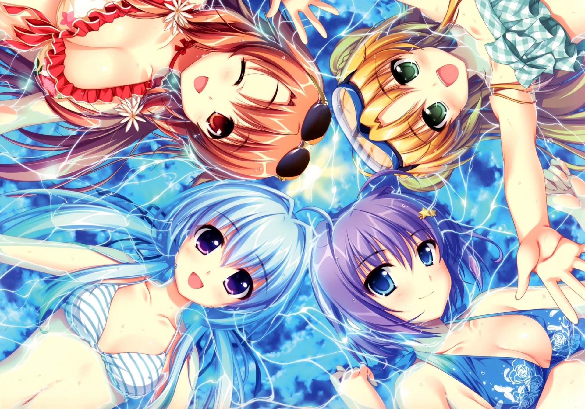 nass kurze haare orange augen augenzwinkern grüne augen blonde haare brille bikini badeanzug lange haare lila haare orangefarbene haare wasser sonnenbrille blaue augen