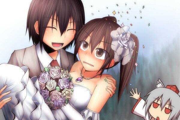 Anime Hochzeit Bräutigam trägt die Braut auf den Armen