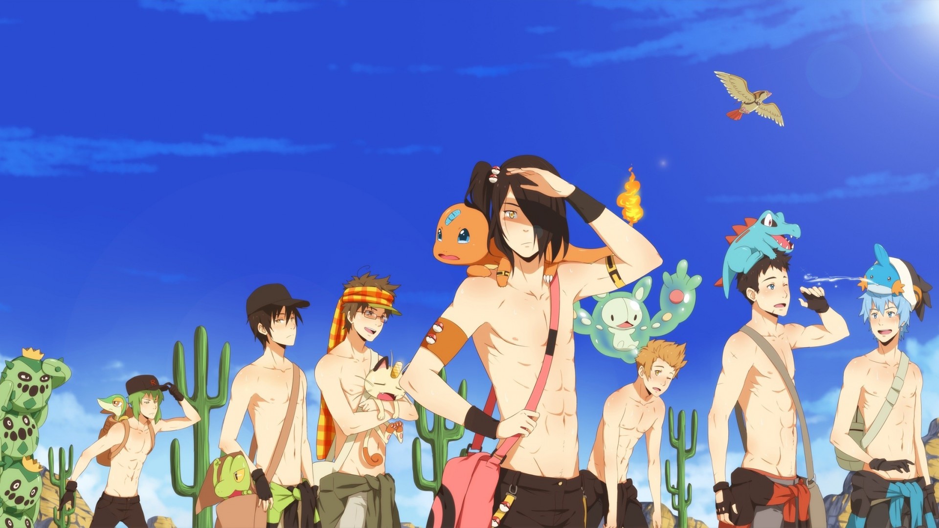 himmel orangefarbene augen wüste hut grünes haar schal mann brille reuniclus blaues haar braunes haar