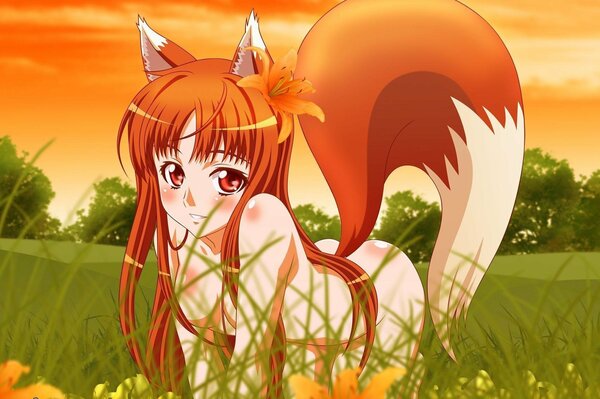 Anime-Mädchen in erotischer Pose mit Fuchsschwanz