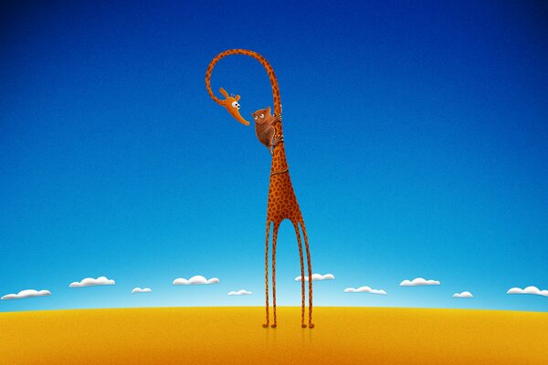 Die Abbildung zeigt eine Wüste und ein Lemur auf einer Giraffe