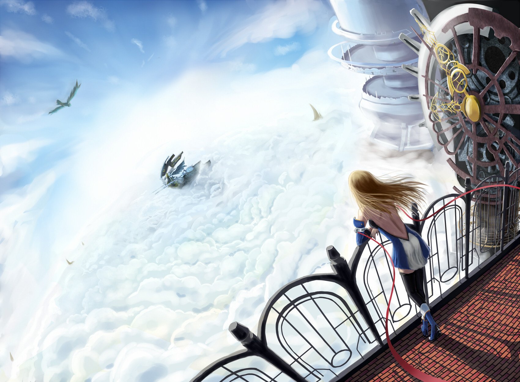 balkon über den wolken schloss schönheit höhe wolken vögel kleid haare mädchen blond uhr mechanismus himmel-a mädchen-a blond-a zeichnungen-a