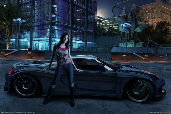 Mädchen in der Nähe des Autos aus dem Videospiel