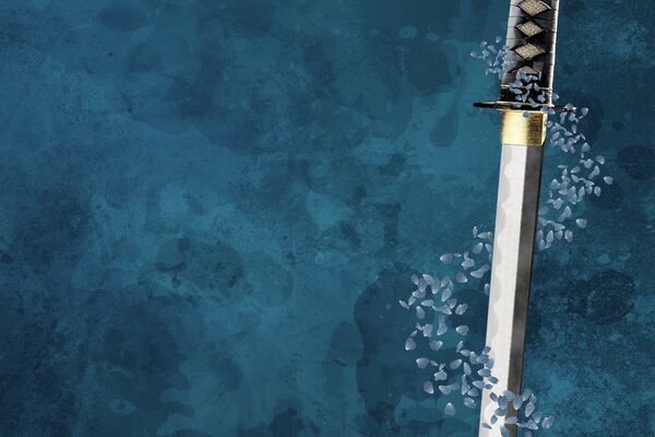 Schwert mit umwickelten Blütenblättern auf blauem Hintergrund