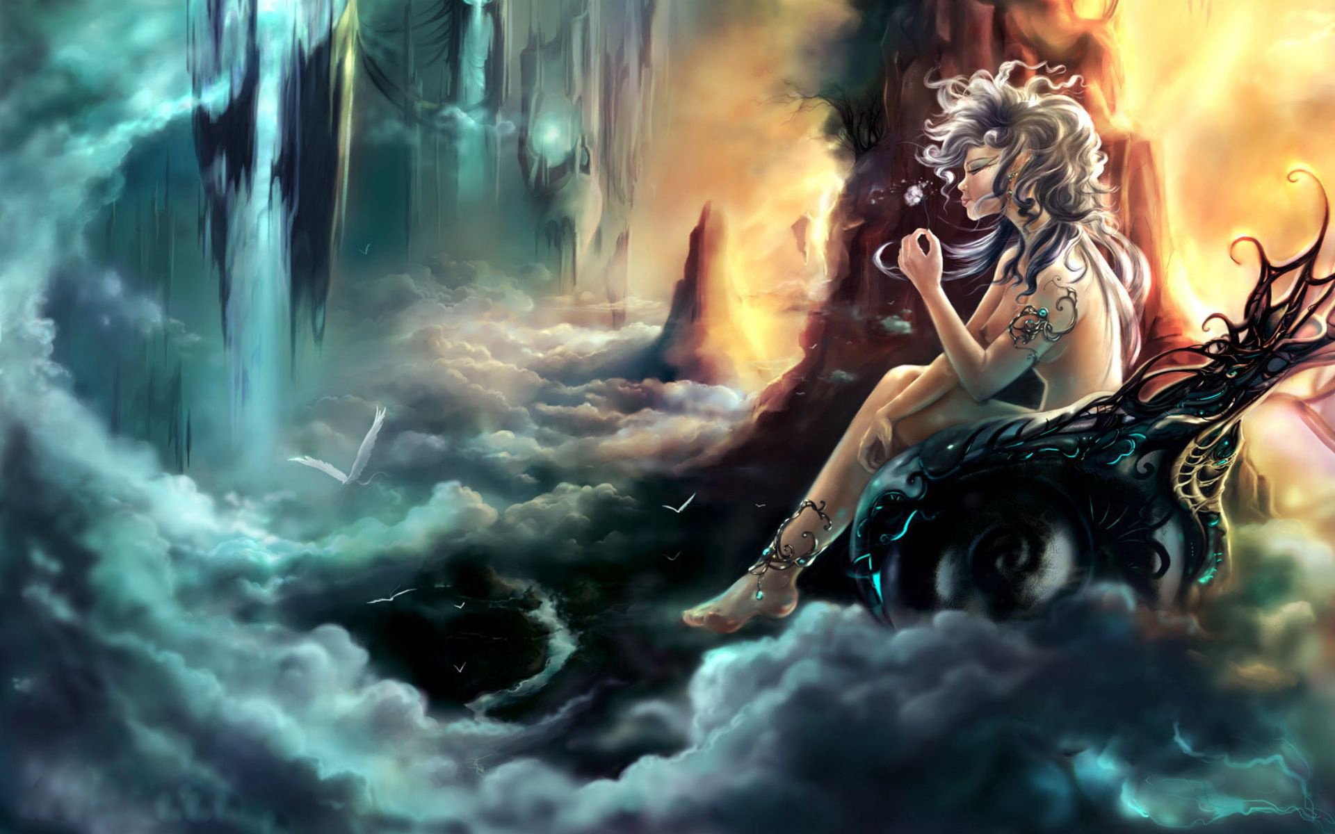 wolken blume göttin himmel mädchen vögel