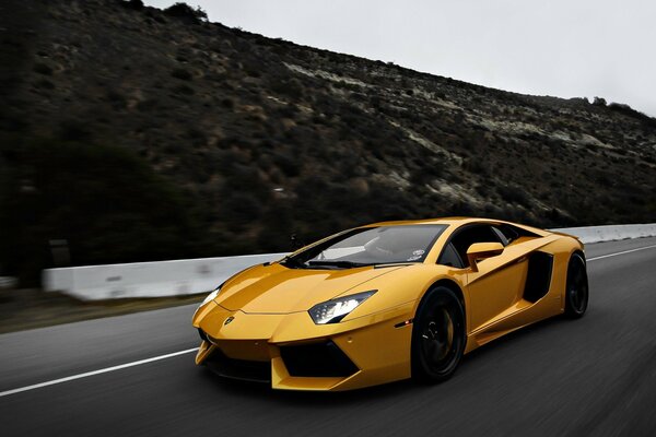 Der elegante gelbe Lamborghini Ip700-4 Supersportwagen liebt Geschwindigkeit und exotische Orte