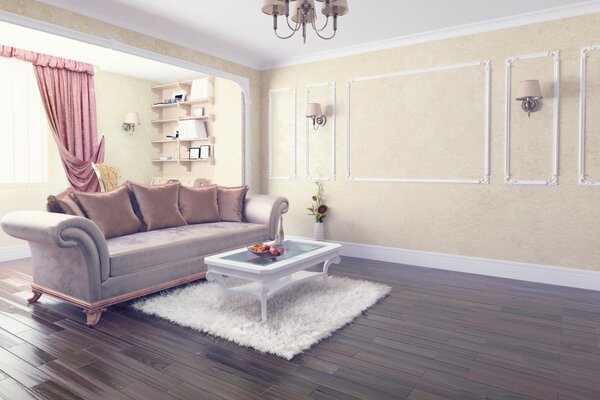 Zimmer Tisch und Sofa sehen originell aus