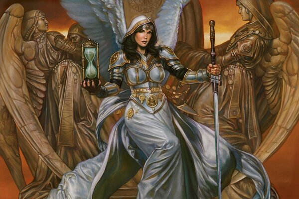 Ein Bild von einem stoischen Engel mit Waffen und Gewichten