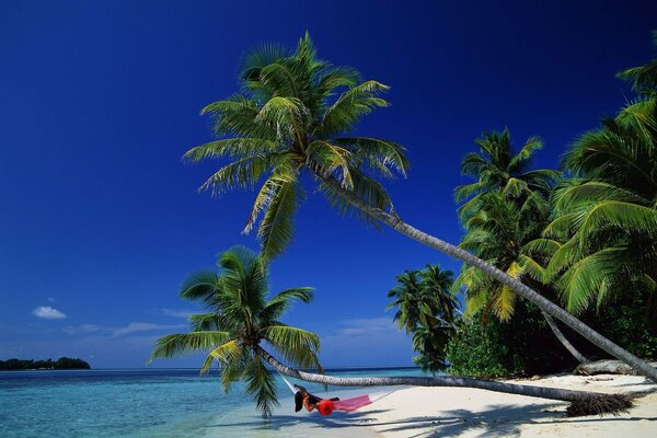 Ein Mädchen in Rot liegt auf einer Hängematte