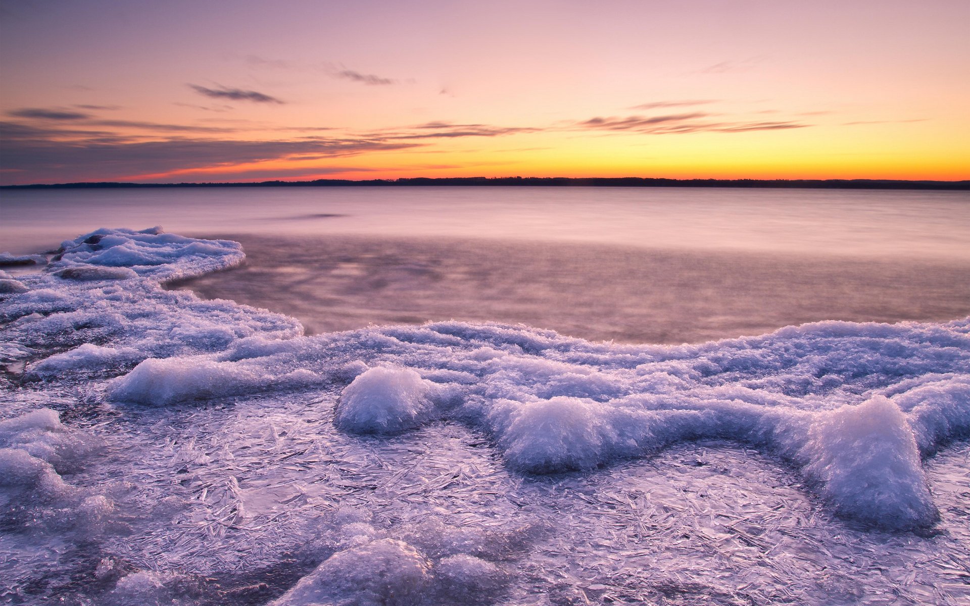 sonnenuntergang wasser fluss see eis eisschollen kälte