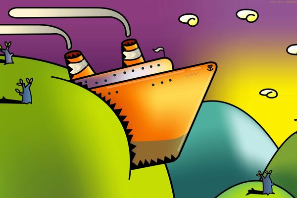 Schiff im Hintergrund von Bergen und Hügeln