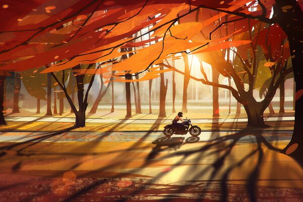 Abbildung ein Motorradfahrer fährt durch einen Herbstwald