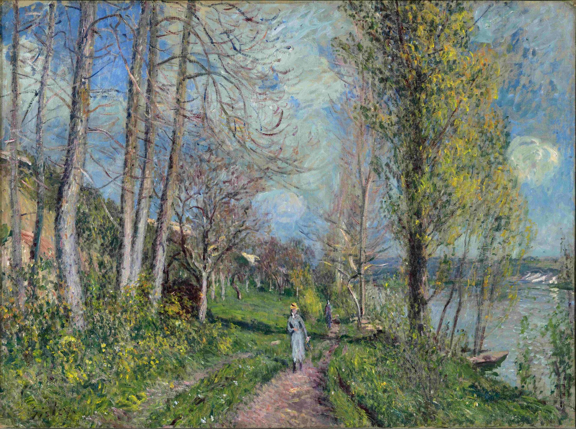 alfred sisley fußweg mädchen spaziergang fluss heu bäume himmel wolken bild