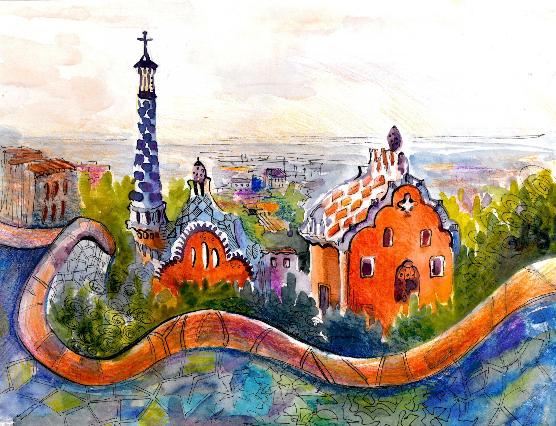 aquarell häuser dächer stadt