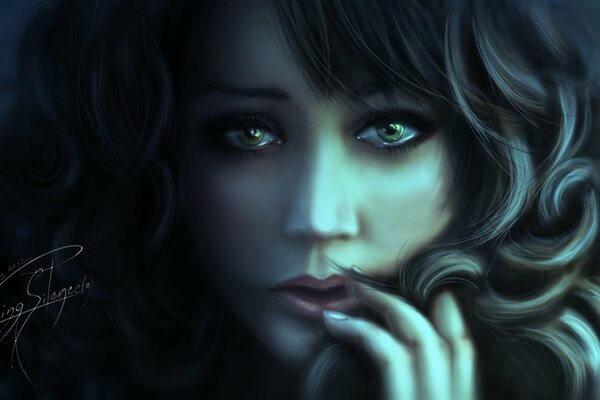 Trauriger Blick einer grünäugigen Brünette