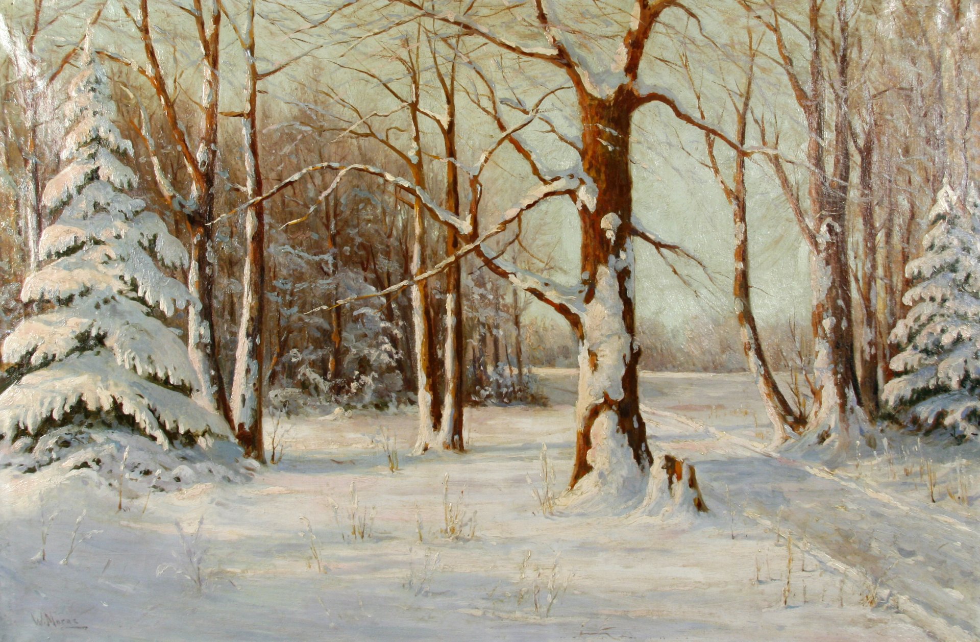 malerei landschaft walter moras winter schnee wald bäume weihnachtsbäume
