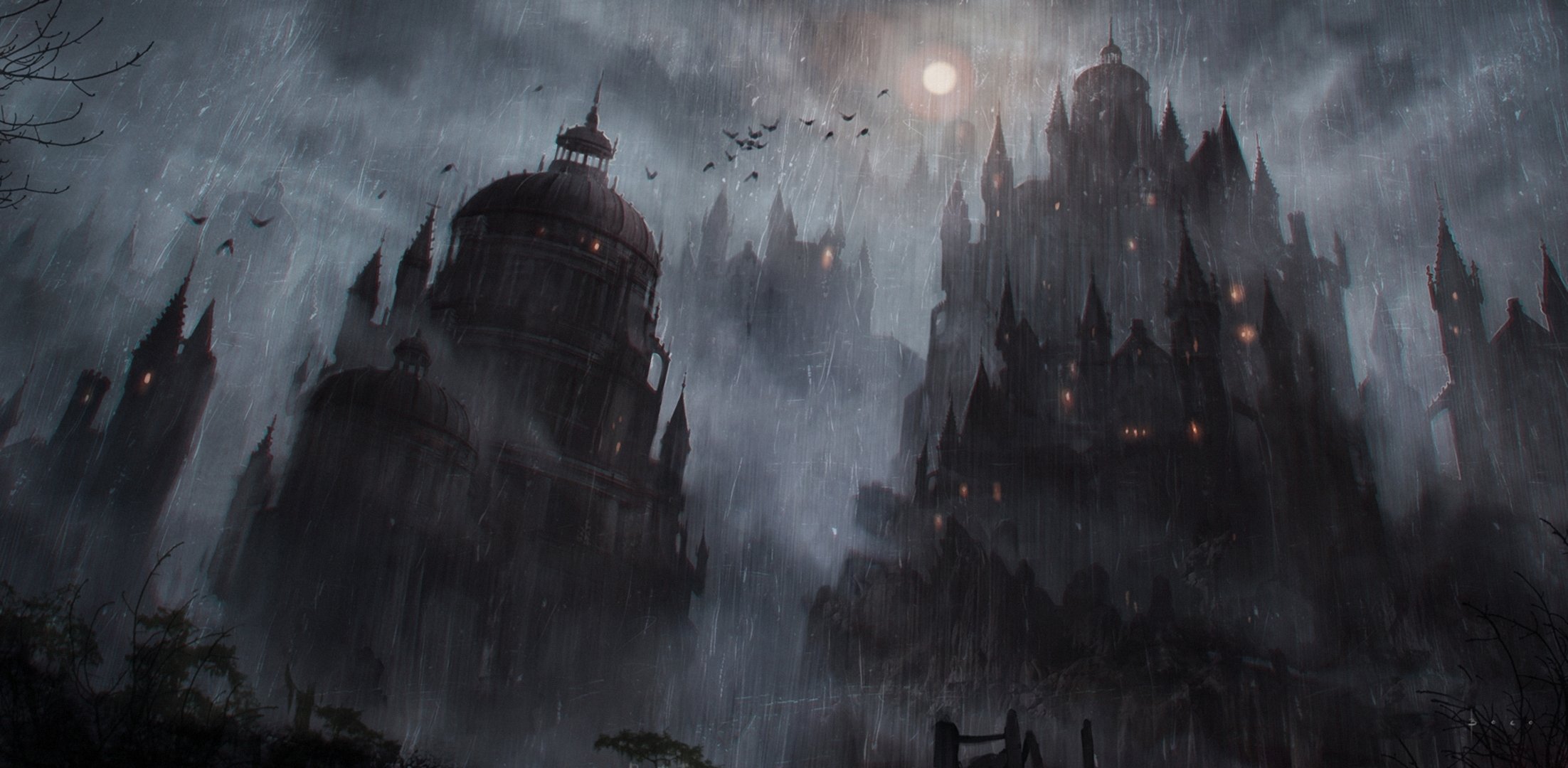 kunst nacht regen vögel mond schloss