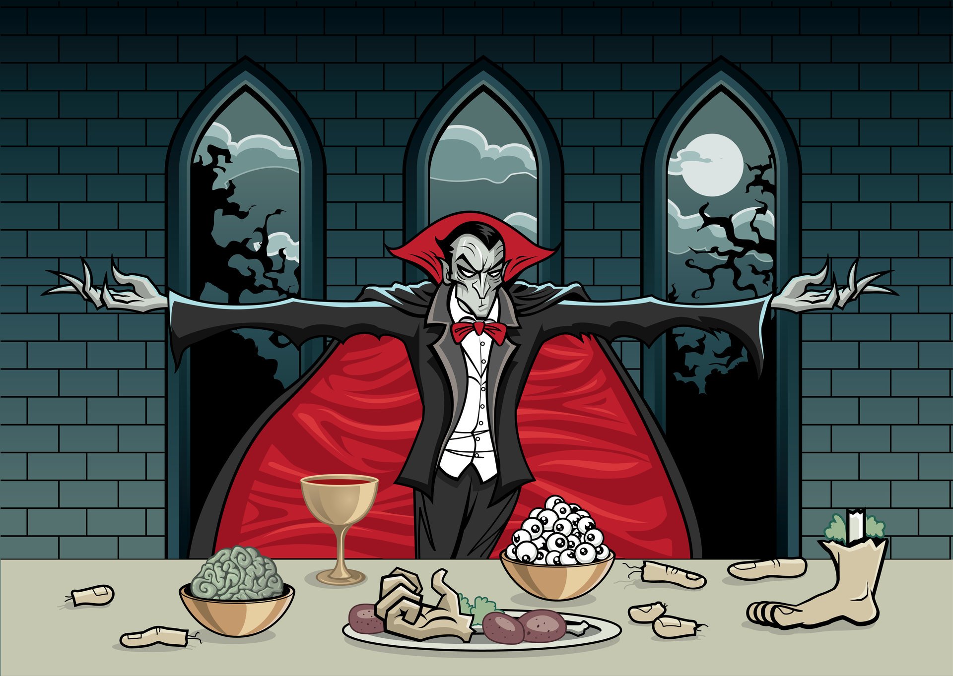 tisch innereien augen hand bein gehirn tasse dracula count nacht fenster mond finger blut umhang