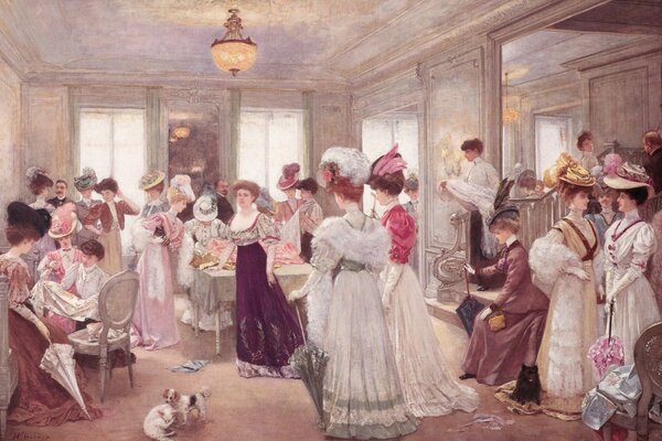 Damen in schönen Kleidern und ihre Hunde