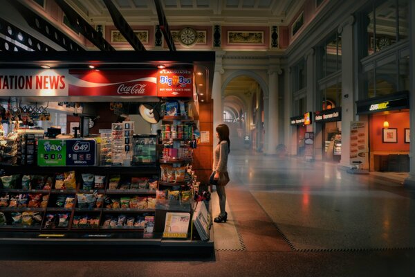 Mädchen in einem japanischen Geschäft mit Waren