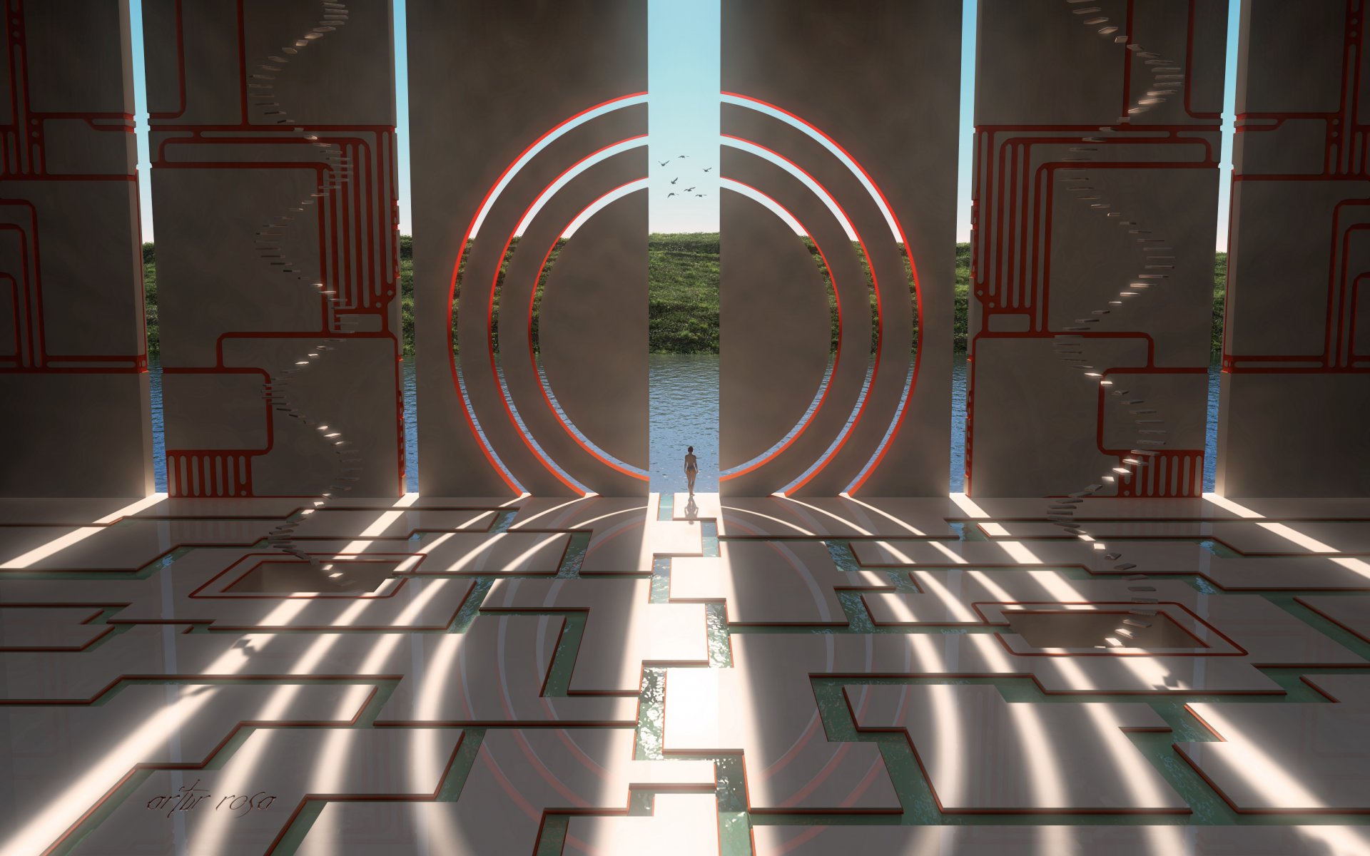 kunst mädchen wände streifen wasser grün haus linien landschaft kreise vögel treppen surrealismus