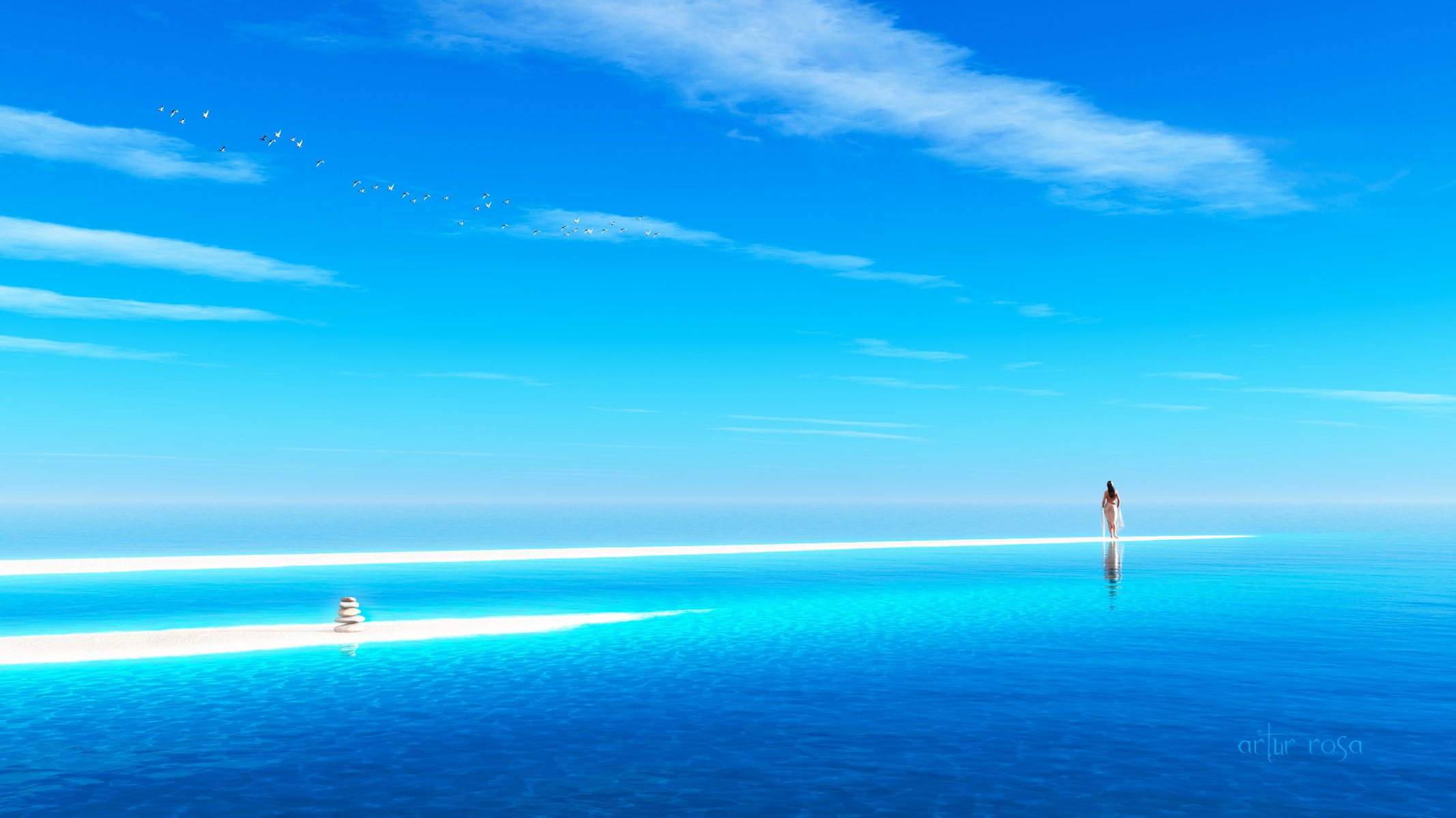 kunst meer ozean mädchen pyramide steine sand