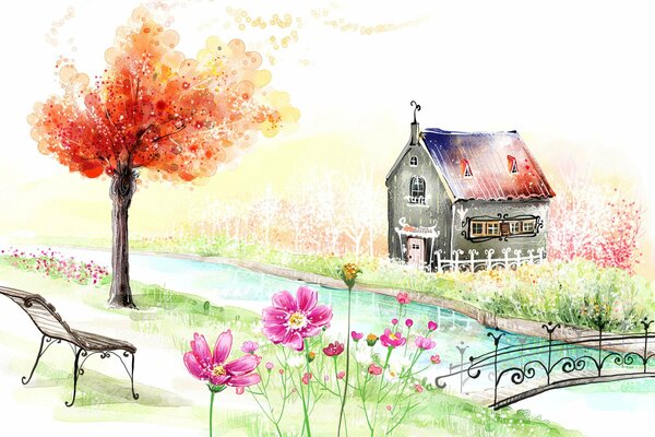 Landschaft mit Haus und Bank