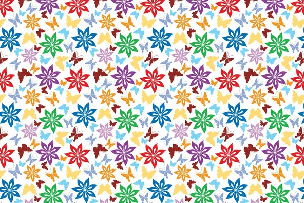 Bunte Schmetterlinge und Blumen auf weißem Hintergrund