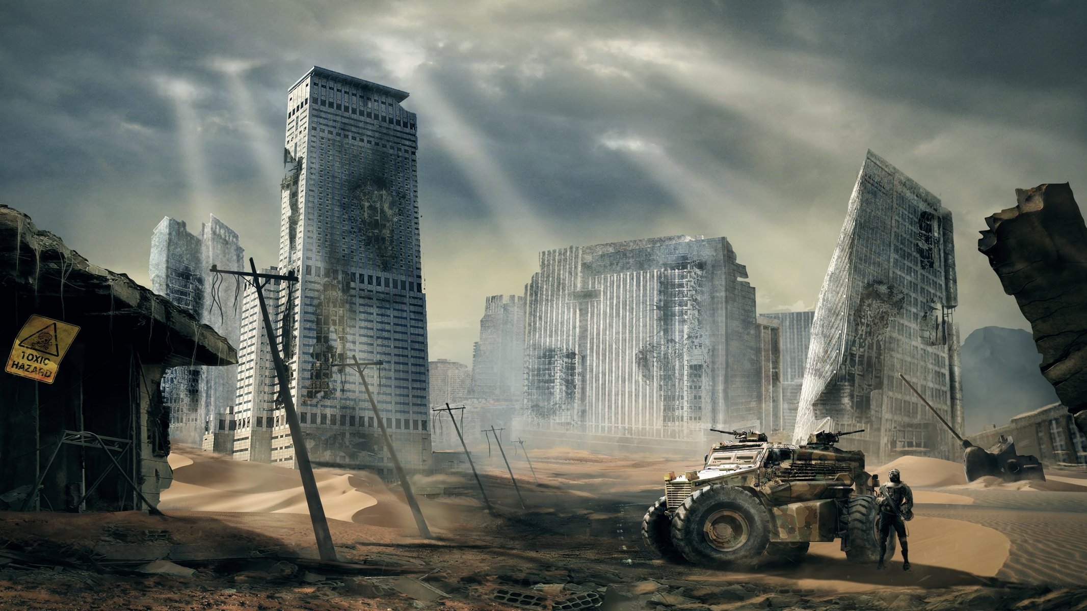 kunst stadt sand ruinen verlassenheit postapokalypse auto mann kanonen stromleitung