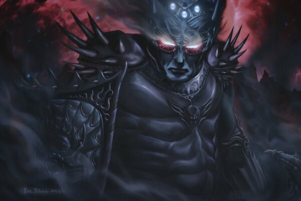 Krieger mit brennenden Augen in Rüstung mit Dornen