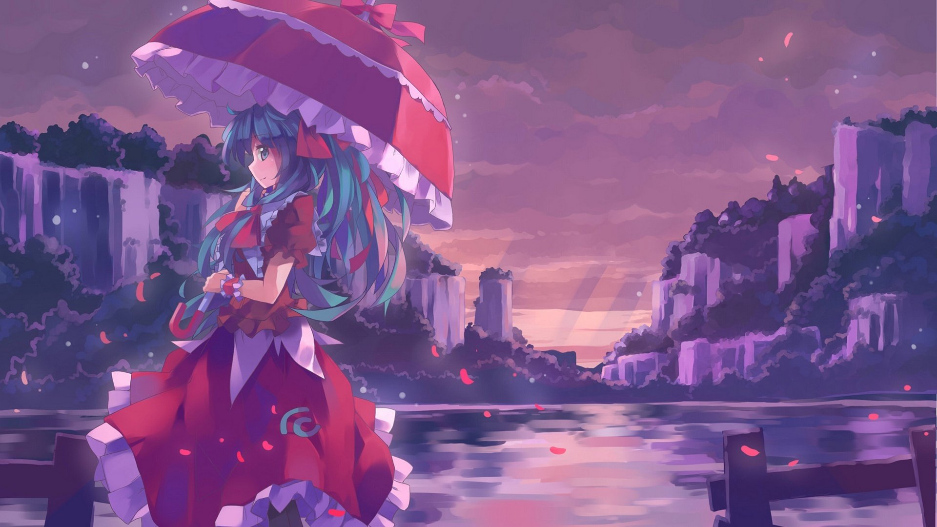 touhou kagiyama hina mädchen regenschirm kleid wasser lächeln blütenblätter