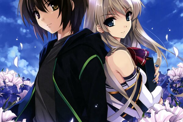 Anime, Kerl und Mädchen, Rücken an Rücken, in Blumen unter dem Nachthimmel