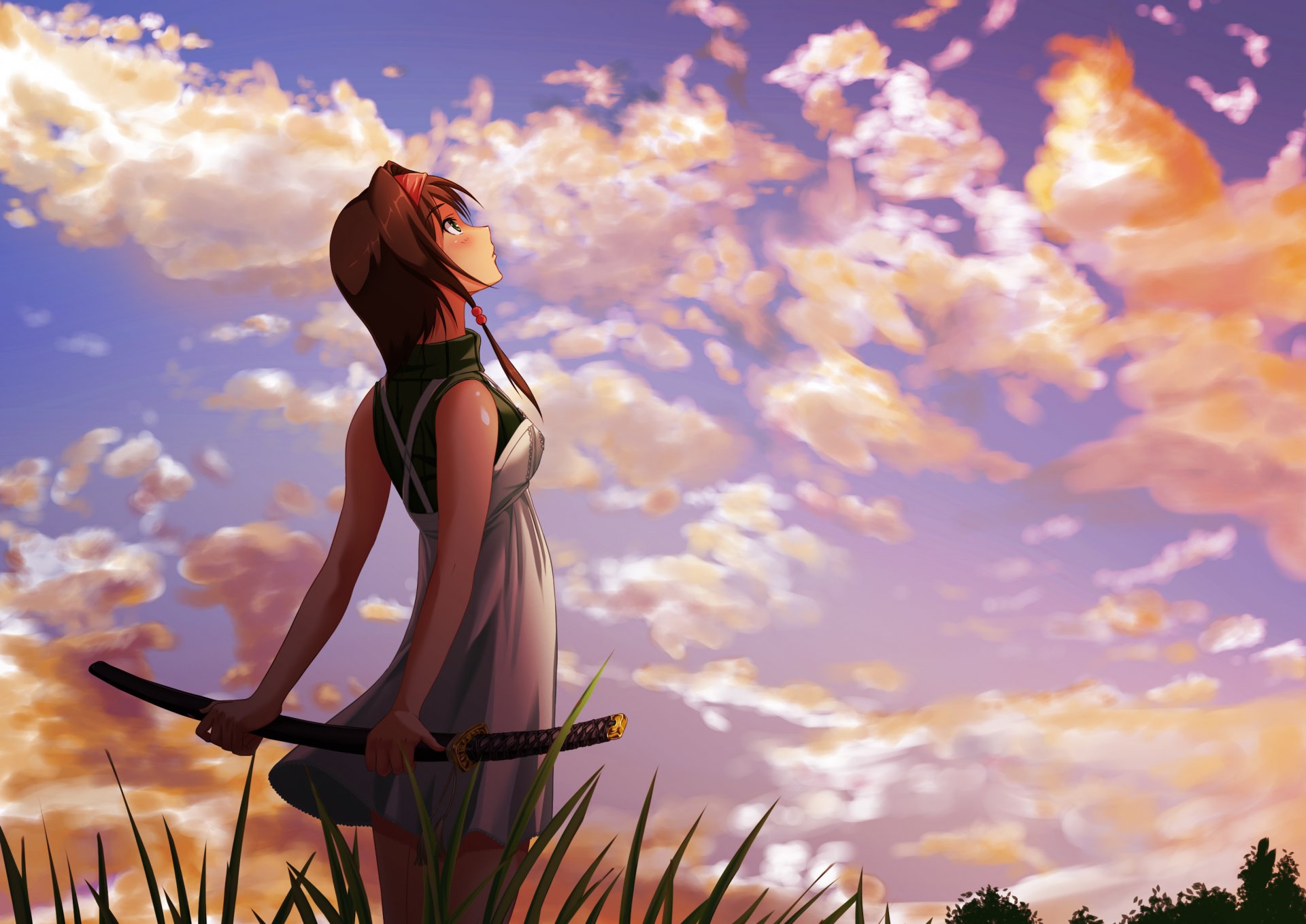 kunst mädchen landschaft katana schwert himmel wolken gras