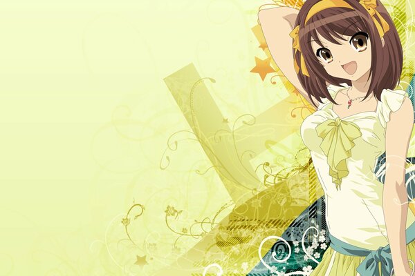 Anime Mädchen auf gelbem grünem Hintergrund