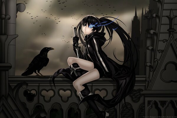 Anime mit mädchen kuroi mato auf dem balkon und einem raben