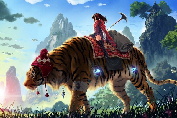 Anime Mädchen zieht auf einem Tiger in einer Wintermütze. Fantasy anime