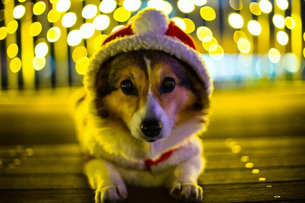 Ein Hund in einer roten Urlaubskappe