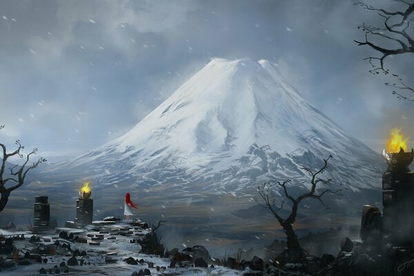 Einsamer Mann vor dem Hintergrund eines einsamen Vulkans