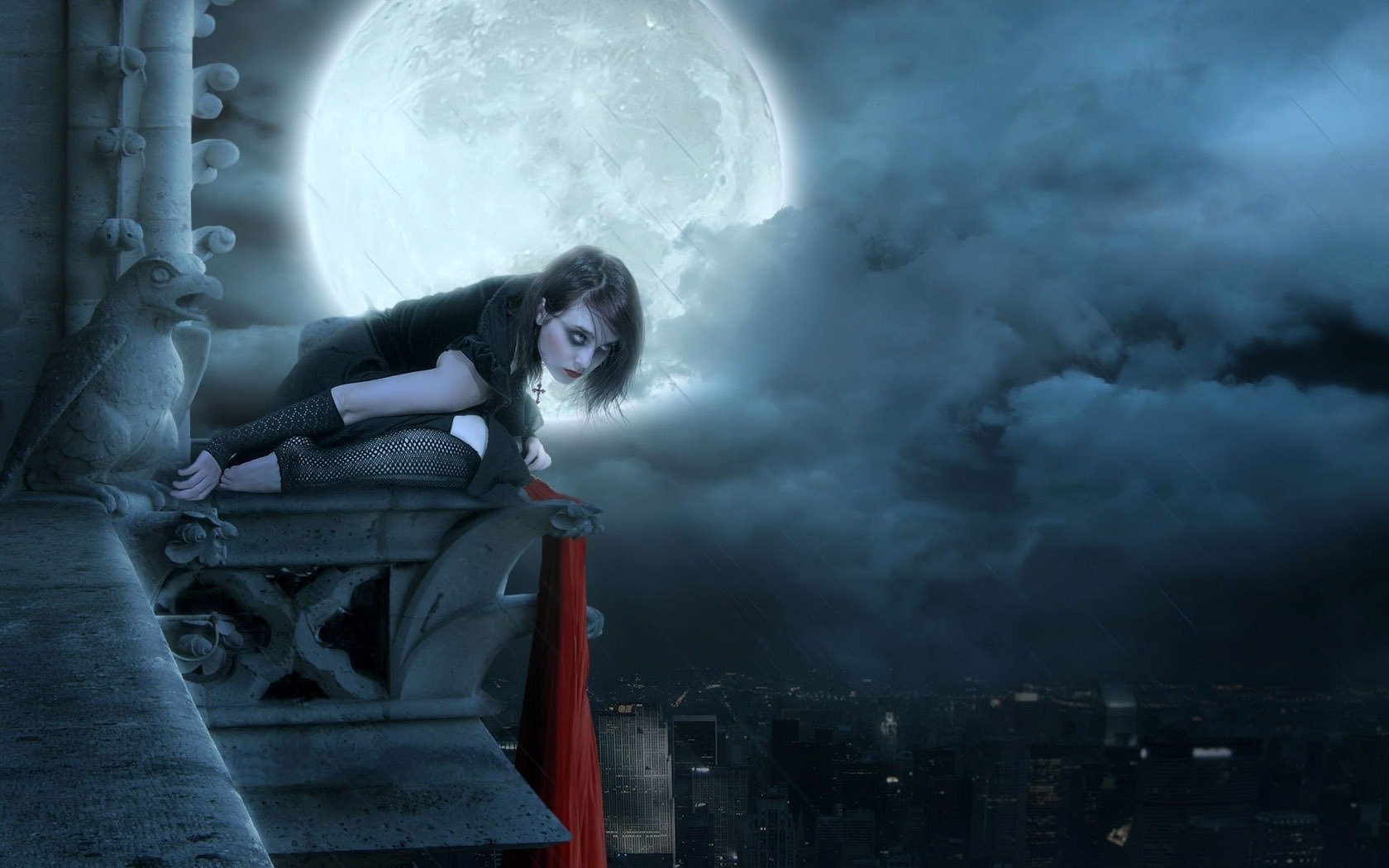 mond stadt regen dach mädchen