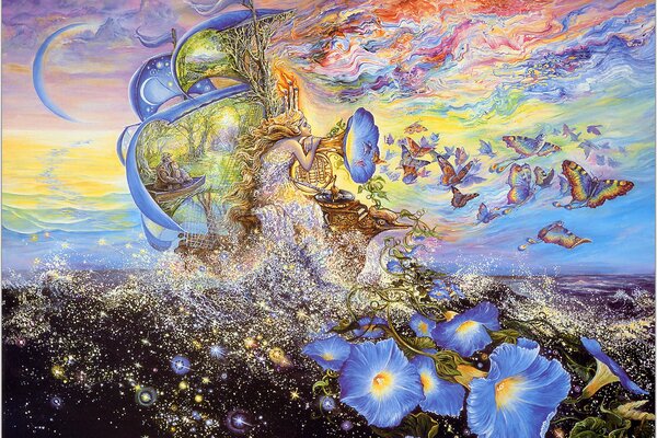 Blumen und Schmetterlinge fliegen aus dem Rohr