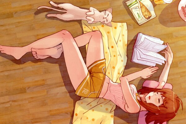 Anime Mädchen liegt mit Katze auf dem Boden
