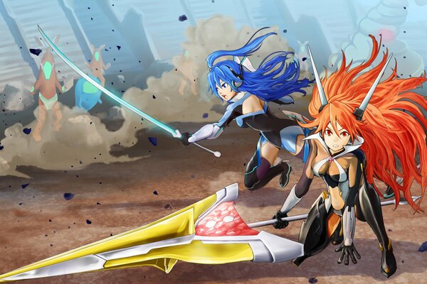 Senki zesshou symphogear mit Schwertern im Kampf