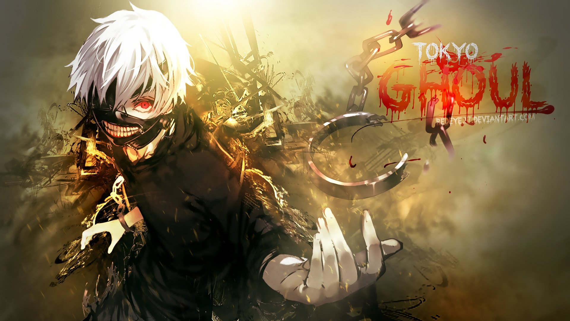 tokyo ghoul tokyo ghoul kaneki ken kaneki ken blick maske rotes auge weißes haar kette anime