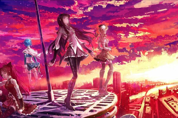 Zauberin mahou shoujo vor dem Hintergrund der Stadt